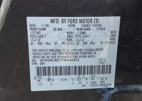 2007 Ford Edge Se from USA, damaged, VIN 2FMDK36C77BA45472